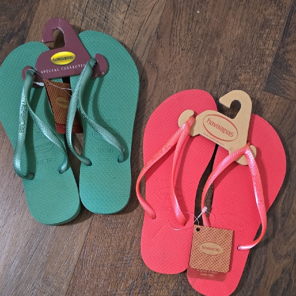 Havaianas Vibrant Green and Coral Flip Flops